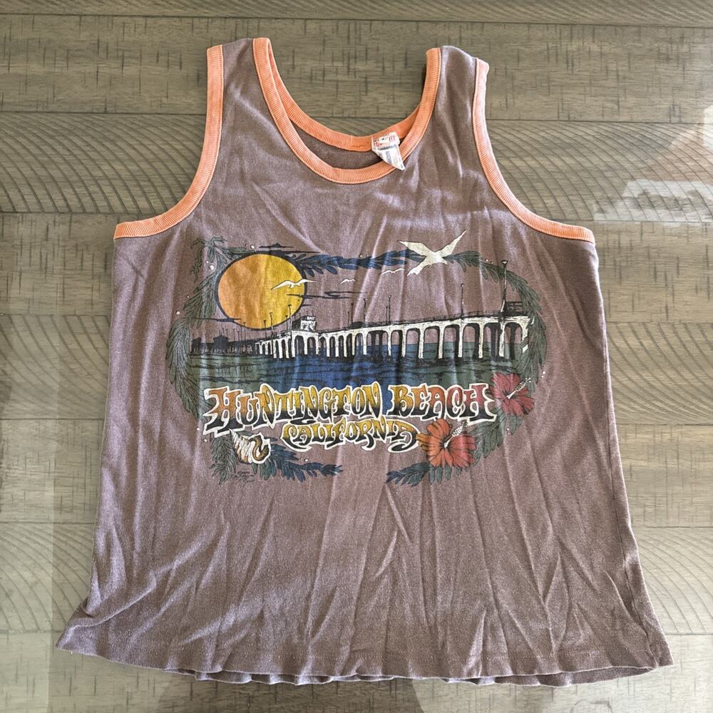 Vintage Huntington Beach California Tank Top Ringer Tee Eco-Trix Poland 80s L